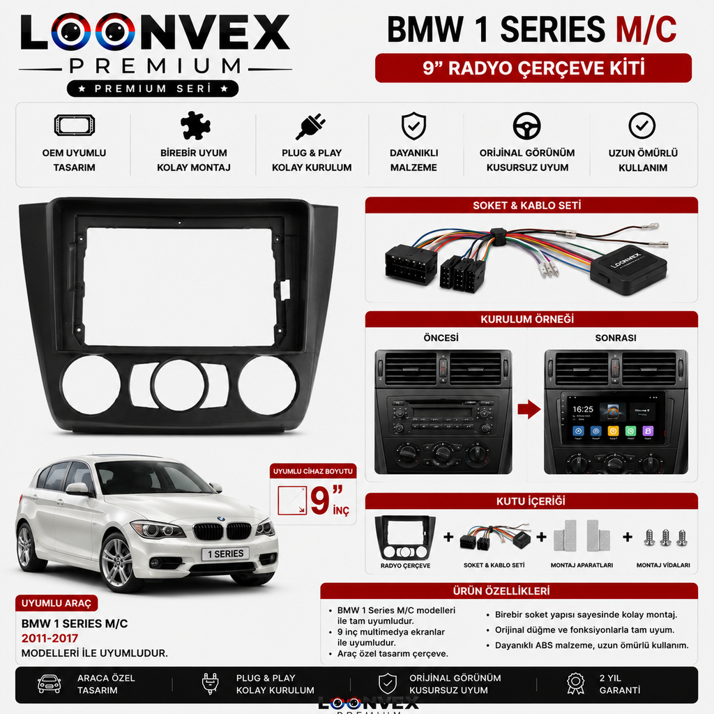 BMW 1 Series M/C 9 İnç Multimedya Çerçeve + Soket Seti OEM Uyumlu