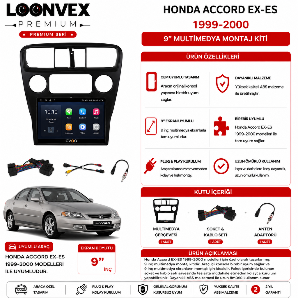 [LNV-CER-0097] PREMIUM – HONDA ACCORD EX-ES 1999-2000 9" MULTİMEDYA ÇERÇEVE + SOKET KİTİ