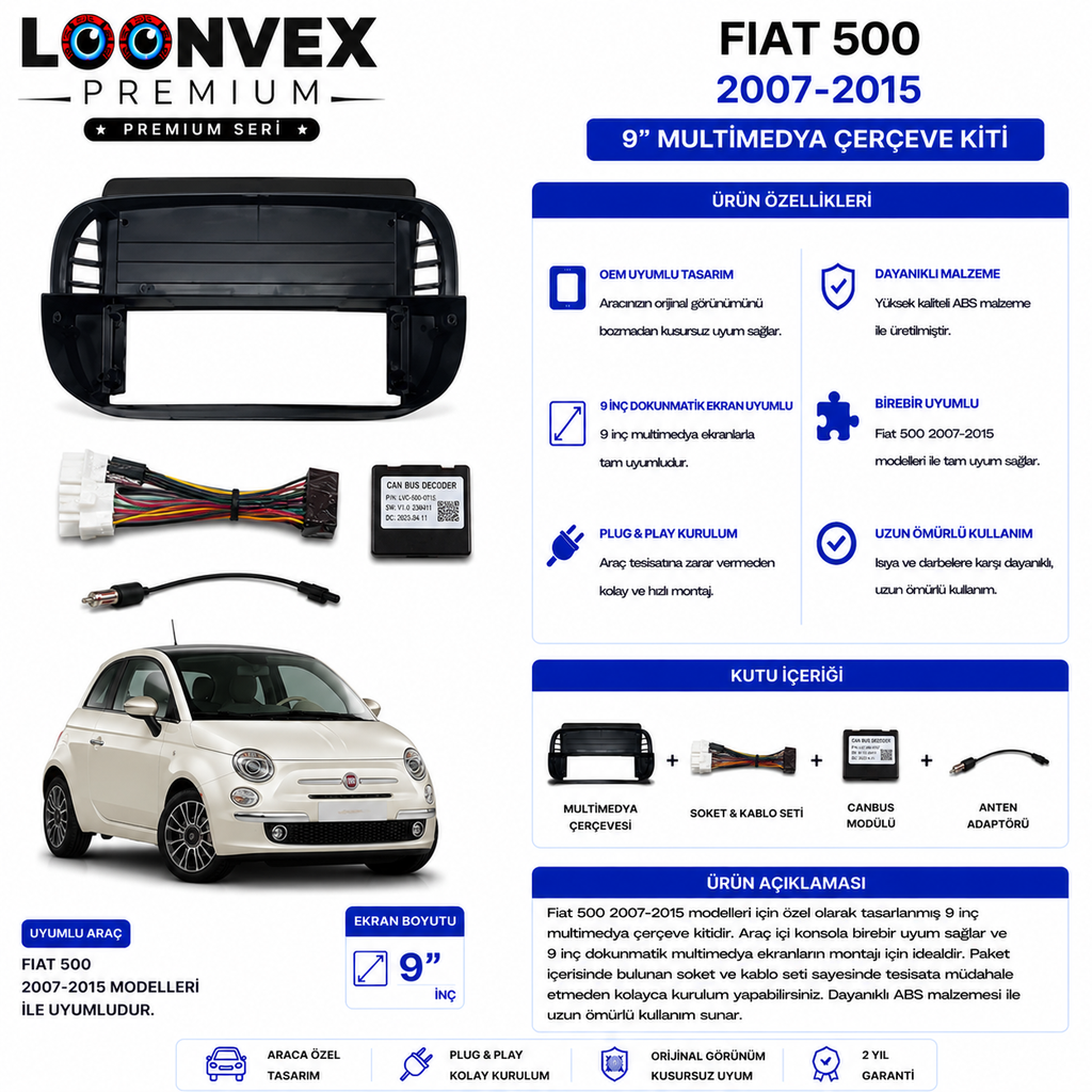[LNV-CER-0039] PREMIUM – FIAT 500 2007-2015 9" MULTİMEDYA ÇERÇEVE + SOKET KİTİ