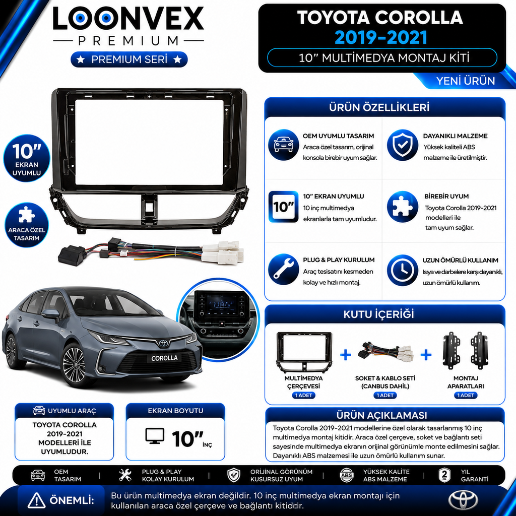 [LNV-CER-0325] Premium Toyota Corolla 2019-2021 10 İnç Multimedya Teyp Çerçevesi + Soket Montaj Kiti