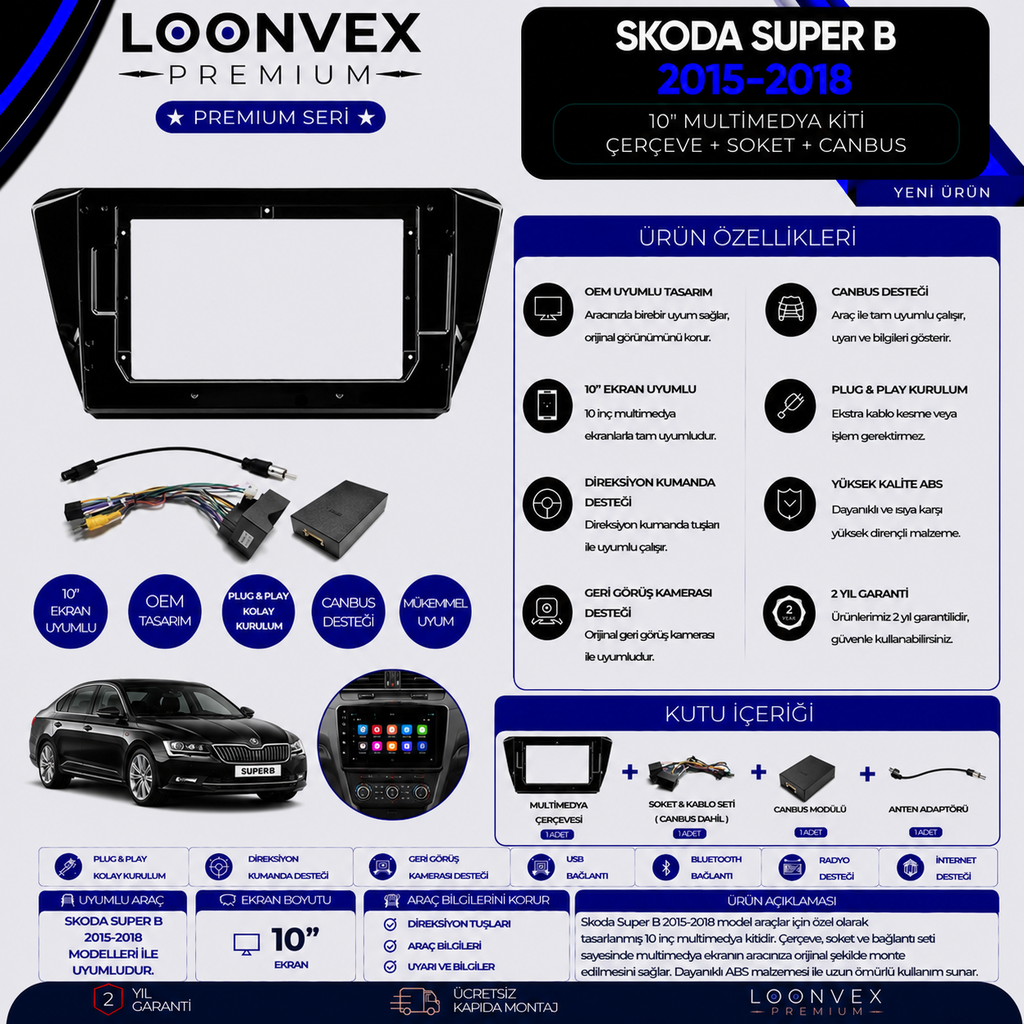 [LNV-CER-0280] Premium Skoda Superb 2015-2018 10 İnç Multimedya Çerçeve + Soket + CANBUS Montaj Kiti