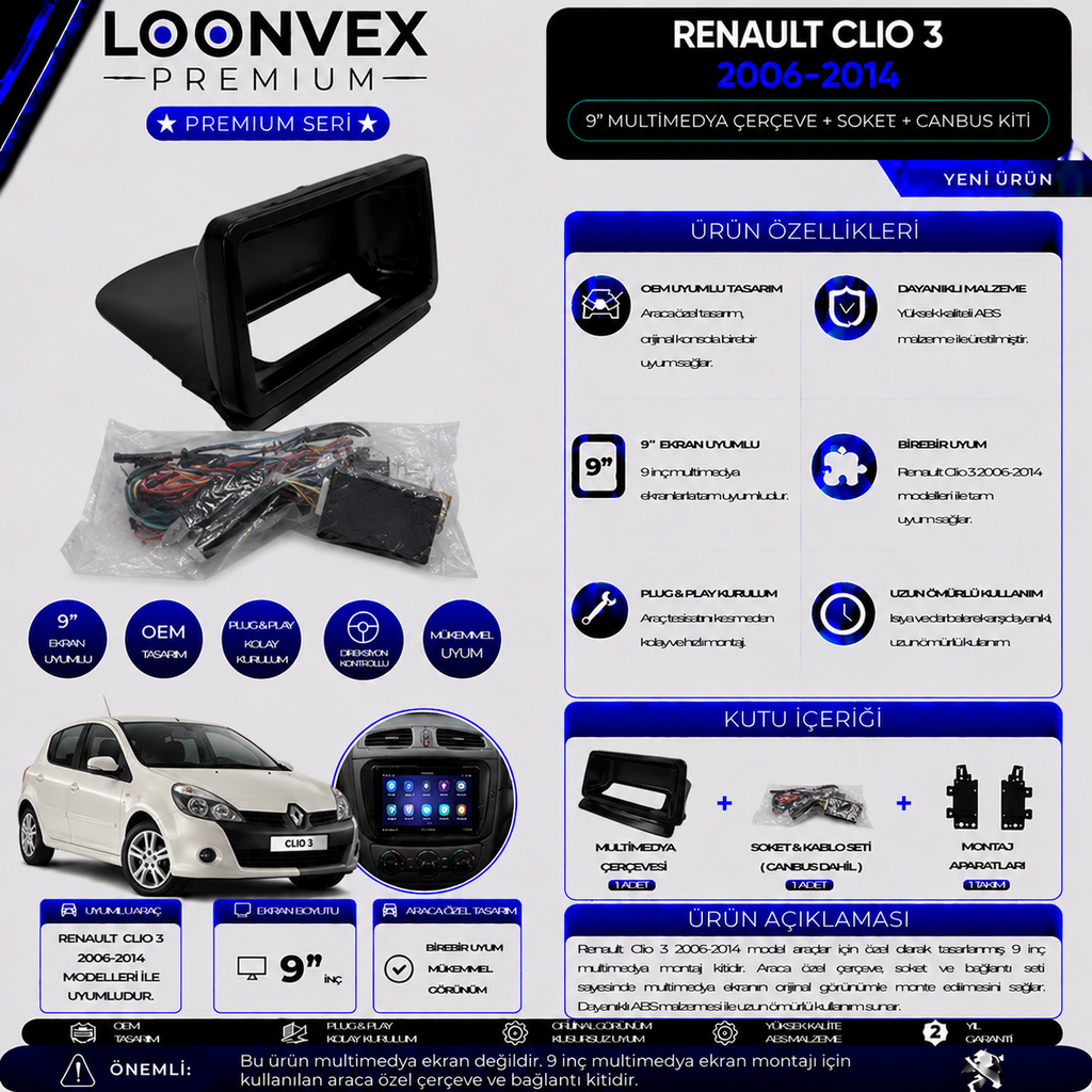 [LNV-CER-0243] Premium Renault Clio 3 2006-2014 9 İnç Multimedya Çerçeve + Soket + CANBUS Montaj Kiti