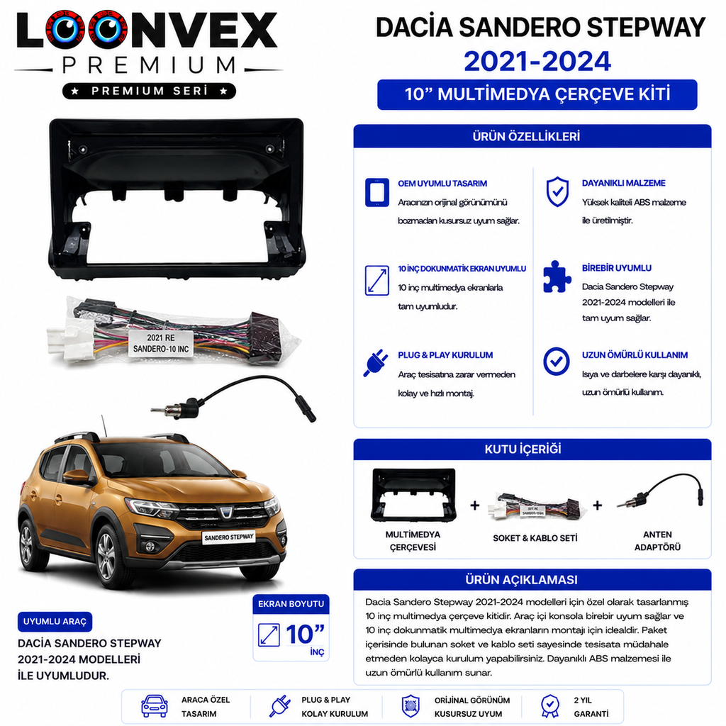 [LNV-CER-0038] PREMIUM – DACIA SANDERO STEPWAY 2021-2024 10" MULTİMEDYA ÇERÇEVE + SOKET KİTİ