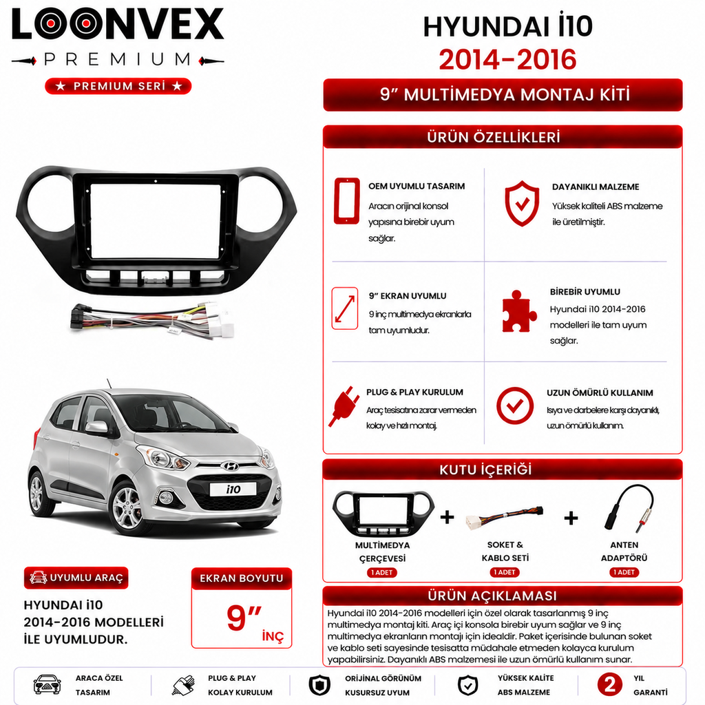[LNV-CER-0127] PREMIUM – HYUNDAI i10 2014-2016 9" MULTİMEDYA ÇERÇEVE + SOKET KİTİ