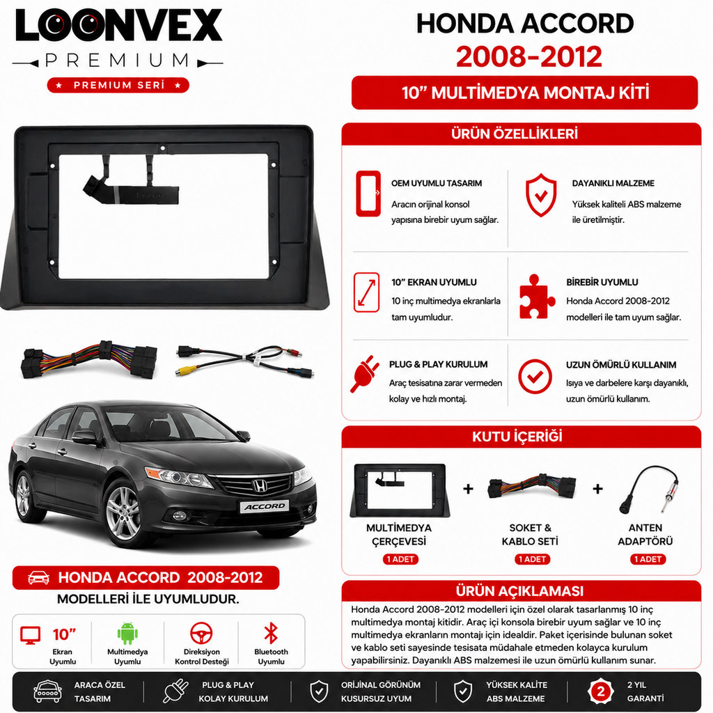 [LNV-CER-0094] PREMIUM – HONDA ACCORD 2008-2012 10" MULTİMEDYA ÇERÇEVE + SOKET KİTİ