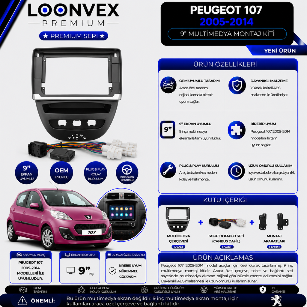 [LNV-CER-0227] Premium Peugeot 107 2005-2014 9 İnç Multimedya Çerçeve + Soket Montaj Kiti