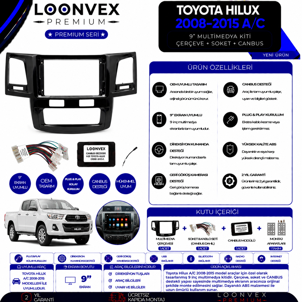[LNV-CER-0303] Premium Toyota Hilux A/C 2008-2015 9 İnç Multimedya Çerçeve + Soket + CANBUS Montaj Kiti