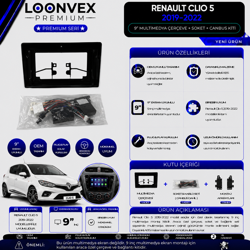 [LNV-CER-0246] Premium Renault Clio 5 2019-2022 9 İnç Multimedya Çerçeve + Soket + CANBUS Montaj Kiti