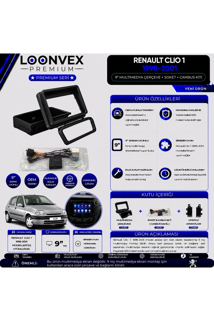 [LNV-CER-0241] Premium Renault Clio 1 1998-2001 9 İnç Multimedya Çerçeve + Soket + CANBUS Montaj Kiti