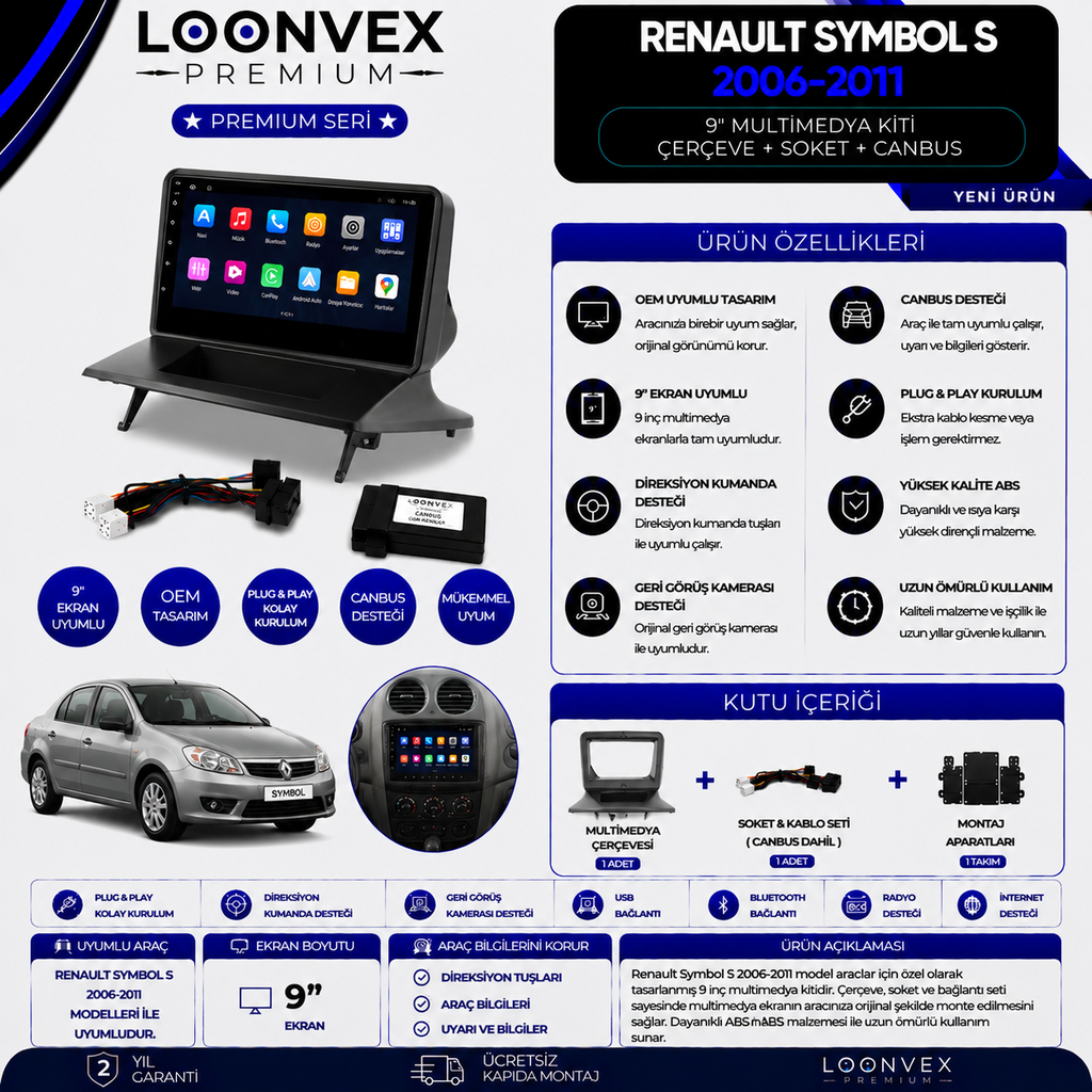 [LNV-CER-0260] Premium Renault Symbol S 2006-2011 9 İnç Multimedya Çerçeve + Soket + CANBUS Montaj Kiti