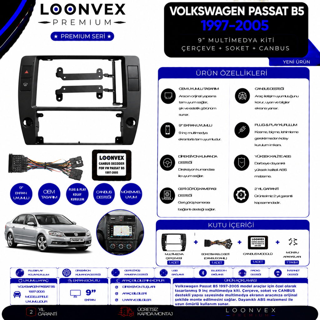 [LNV-CER-0314] Premium Volkswagen Passat B7 / CC 2011-2014 10 İnç Multimedya Çerçeve + Soket + CANBUS Montaj Kiti