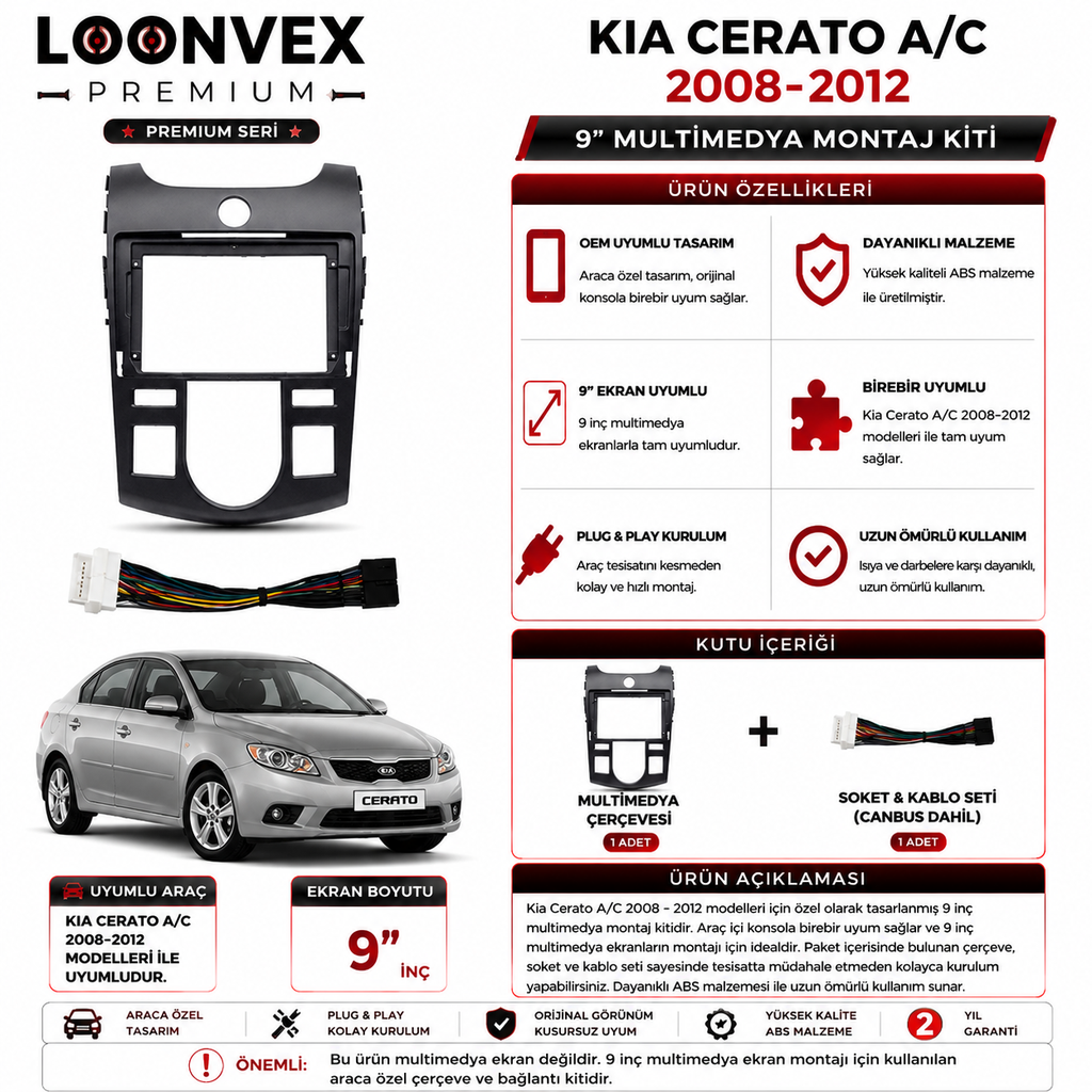 PREMIUM – KIA CERATO A/C 2008-2012 9" MULTİMEDYA ÇERÇEVE + SOKET KİTİ