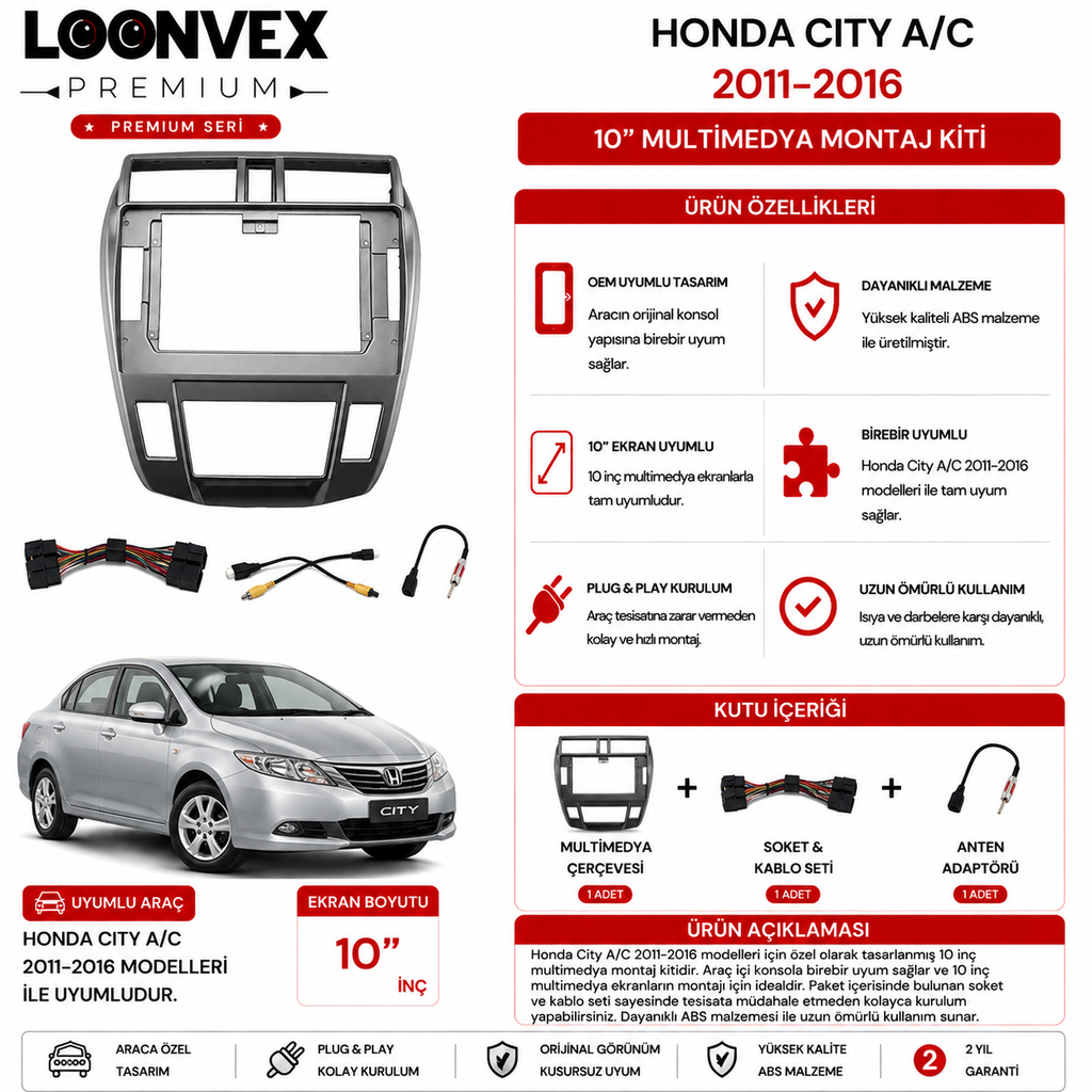 [LNV-CER-0100] PREMIUM – HONDA CITY A/C 2011-2016 10" MULTİMEDYA ÇERÇEVE + SOKET KİTİ