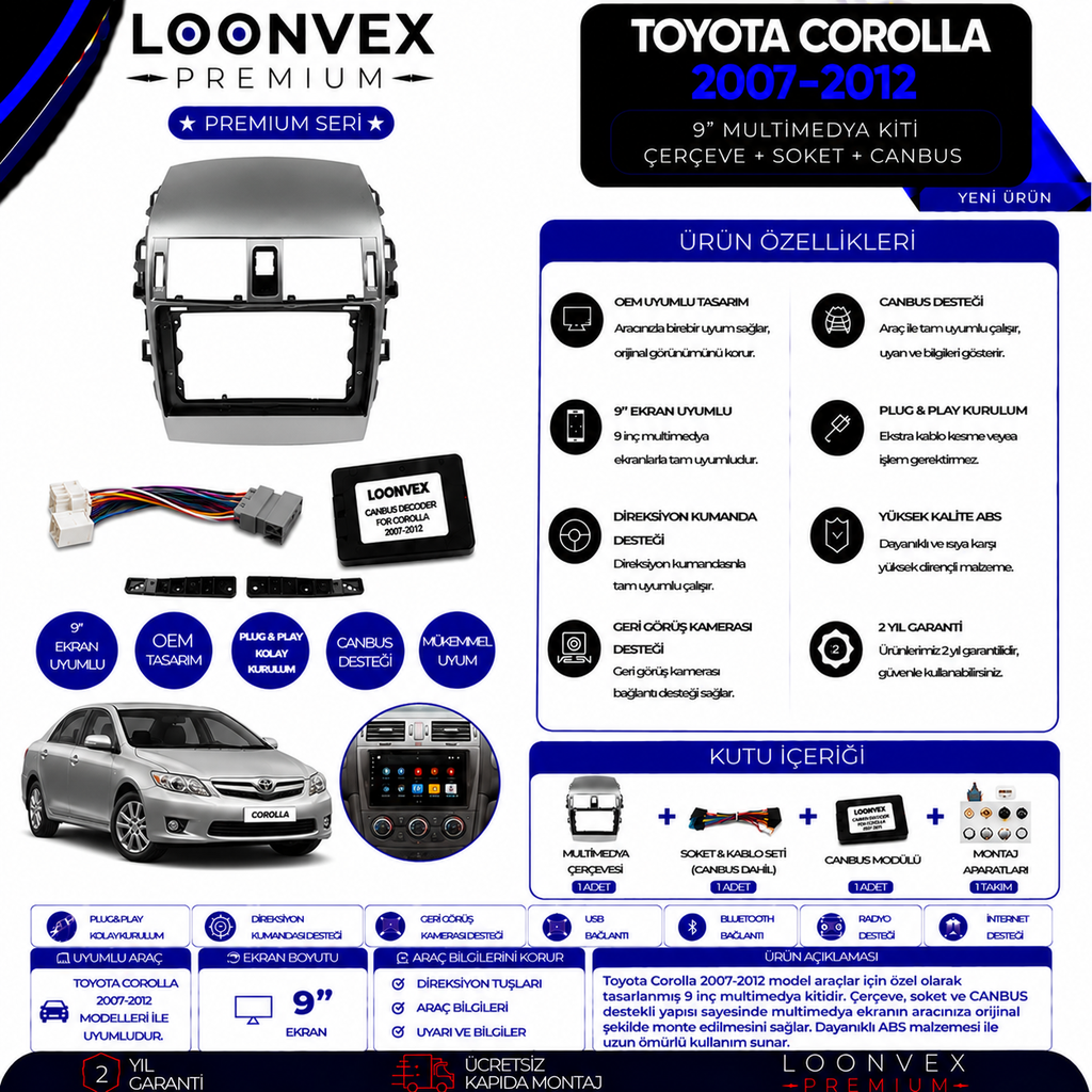 Premium Toyota Corolla 2007-2012 9 İnç Multimedya Çerçeve + Soket + CANBUS Montaj Kiti