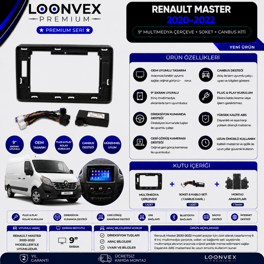 [LNV-CER-0252] Premium Renault Master 2020-2022 9 İnç Multimedya Çerçeve + Soket + CANBUS Montaj Kiti