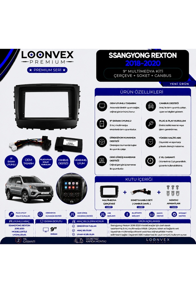 Premium SsangYong Rexton 2018-2020 9 İnç Multimedya Çerçeve + Soket + CANBUS Montaj Kiti
