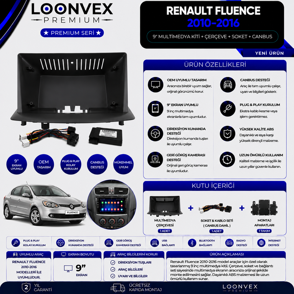 [LNV-CER-0247] Premium Renault Fluence 2010-2016 9 İnç Multimedya Çerçeve + Soket + CANBUS Montaj Kiti
