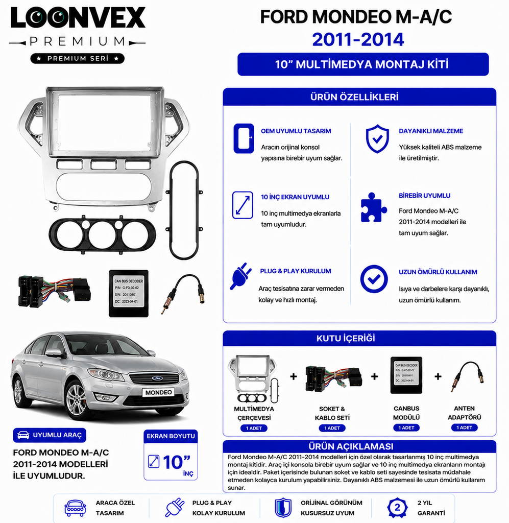 PREMIUM – FORD MONDEO M-A/C 2011-2014 10" MULTİMEDYA ÇERÇEVE + SOKET KİTİ