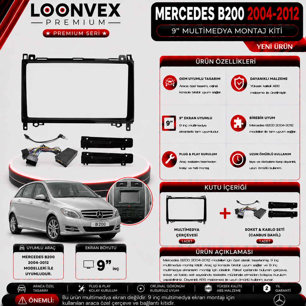 [LNV-CER-0191] PREMIUM MERCEDES B200 2004-2012 9" MULTİMEDYA MONTAJ KİTİ