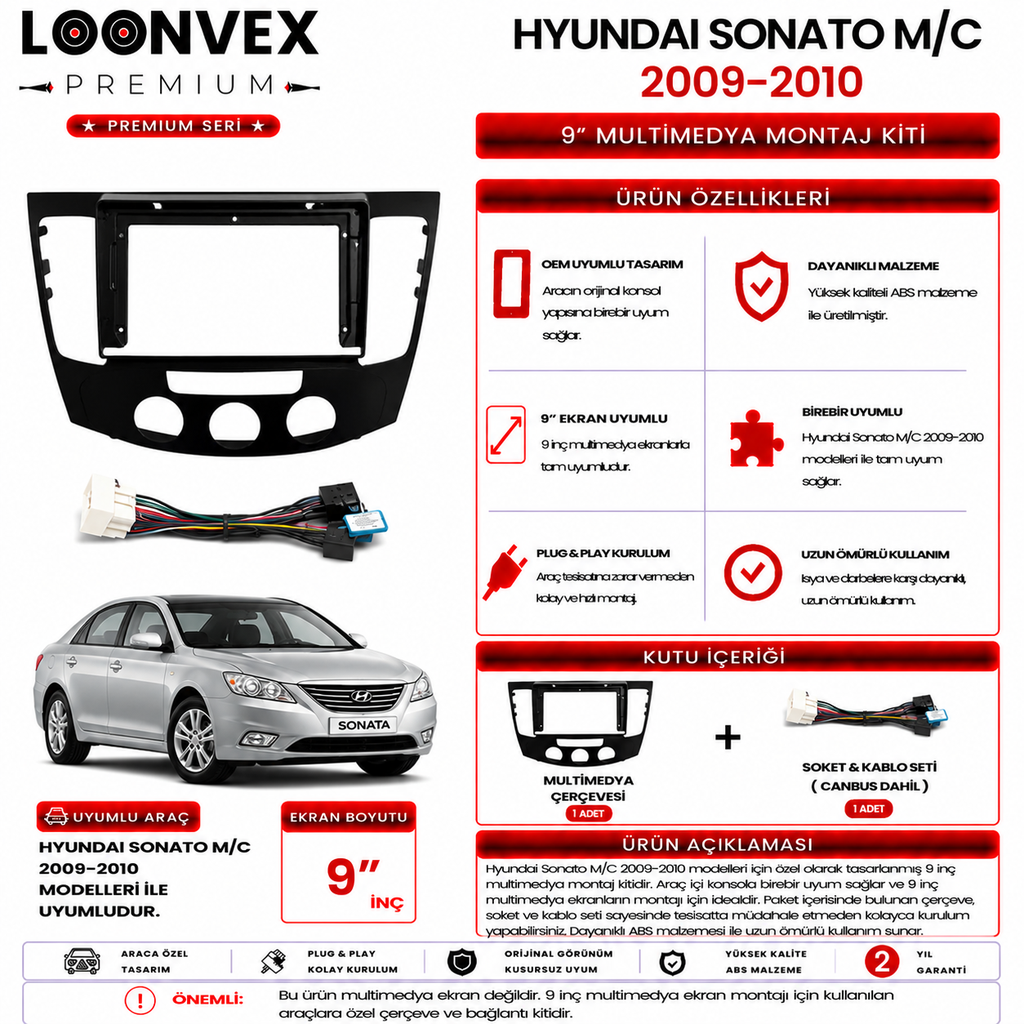 [LNV-CER-0145] PREMIUM – HYUNDAI SONATA M/C 2009-2010 9" MULTİMEDYA ÇERÇEVE + SOKET KİTİ