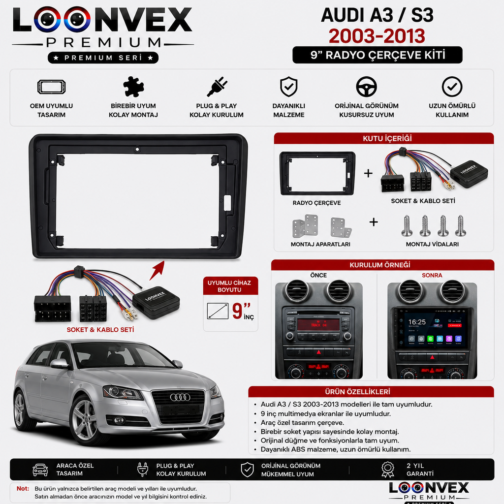 Audi A3 / S3 2003-2013 9 İnç Multimedya Çerçeve + Soket Seti OEM Uyumlu
