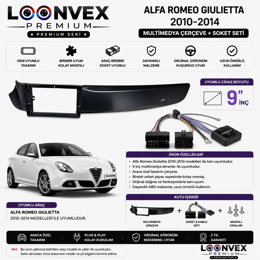 [LNV-CER-0001] Alfa Romeo Giulietta 2010-2014 9 İnç Multimedya Çerçeve + Soket Seti OEM Uyumlu