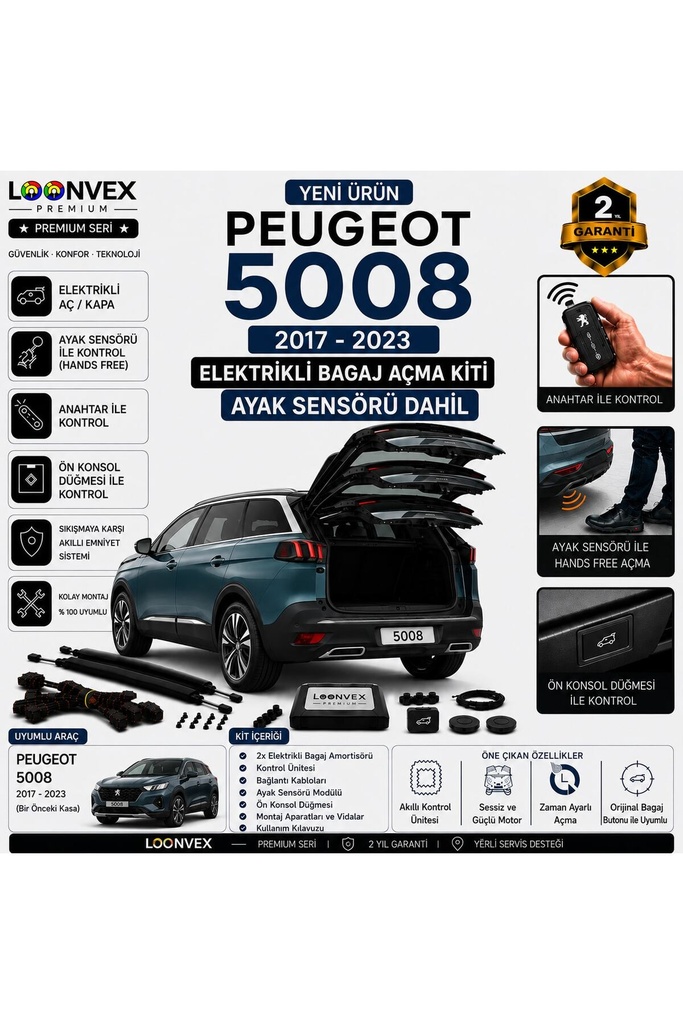 [LVX-EB-00089] Peugeot 5008 2017-2023 Uyumlu Elektrikli Bagaj Açma Kiti Ayak Sensörlü 2 Yıl Garantili