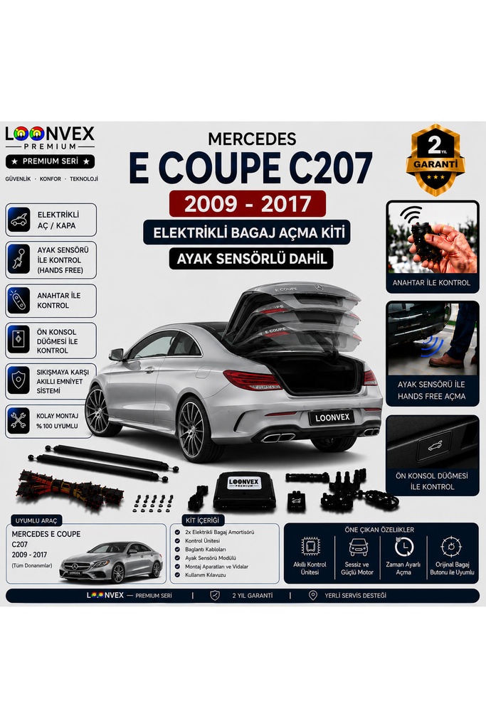 [LVX-EB-00057] Mercedes E Serisi Coupe C207 2009-2017 Uyumlu Elektrikli Bagaj Açma Kiti Ayak Sensörlü 2 Yıl Garantili