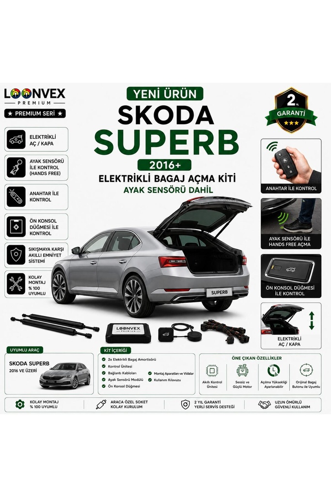 [LVX-EB-00103] Skoda Superb 2016+ Uyumlu Elektrikli Bagaj Açma Kiti Ayak Sensörlü 2 Yıl Garantili