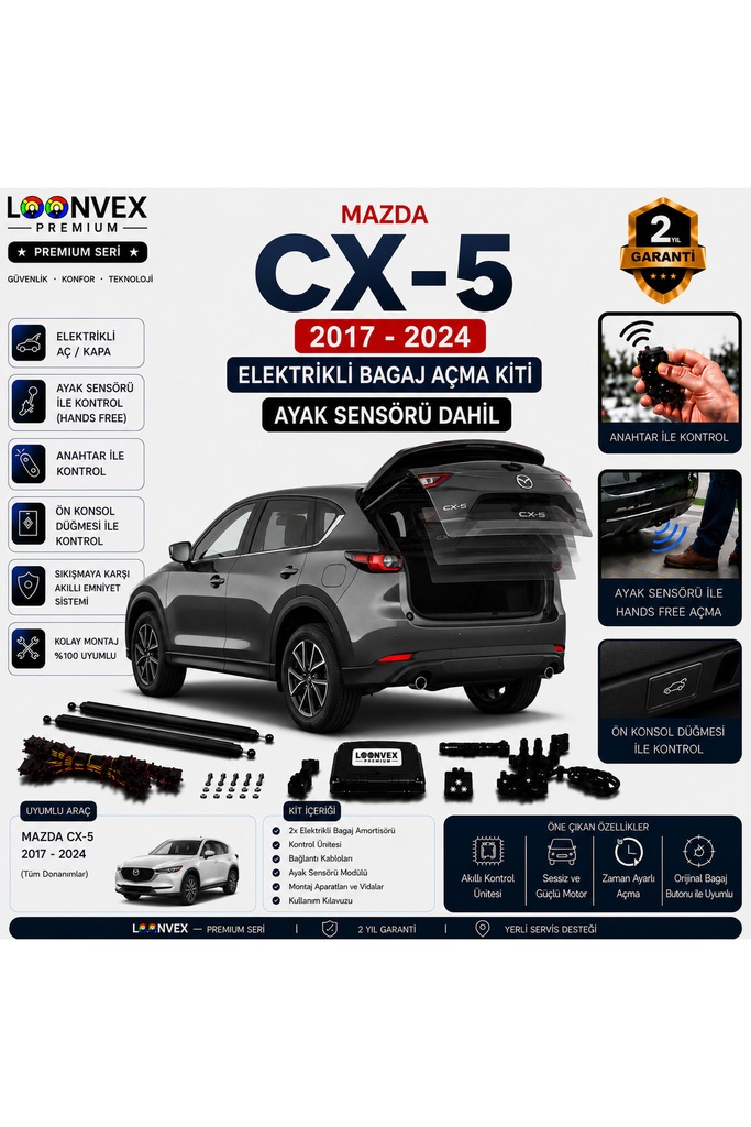 [LVX-EB-00049] Mazda CX-5 2017-2024 Uyumlu Elektrikli Bagaj Açma Kiti Ayak Sensörlü 2 Yıl Garantili