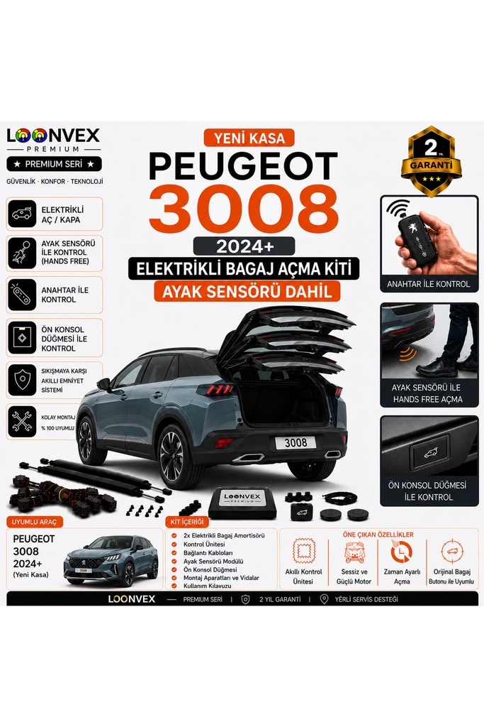 [LVX-EB-00088] Peugeot 3008 Yeni Kasa 2024+ Uyumlu Elektrikli Bagaj Açma Kiti Ayak Sensörlü 2 Yıl Garantili