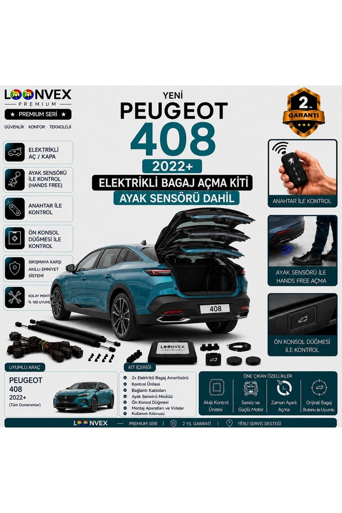 [LVX-EB-00085] Peugeot 408 2022+ Uyumlu Elektrikli Bagaj Açma Kiti Ayak Sensörlü 2 Yıl Garantili