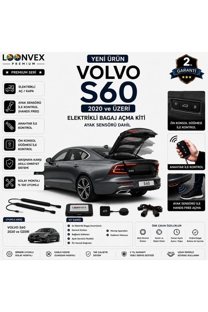 [LVX-EB-00126] Volvo S60 2020+ Uyumlu Elektrikli Bagaj Açma Kiti Ayak Sensörlü 2 Yıl Garantili