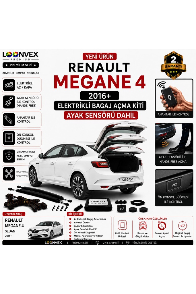 [LVX-EB-00097] Renault Megane 4 Sedan 2016+ Uyumlu Elektrikli Bagaj Açma Kiti Ayak Sensörlü 2 Yıl Garantili