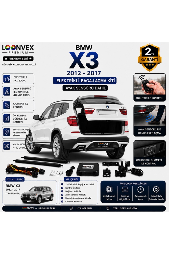 [LVX-EB-00016] BMW X1 2016 ve Sonrası Uyumlu Elektrikli Bagaj Açma Kiti Ayak Sensörlü 2 Yıl Garantili