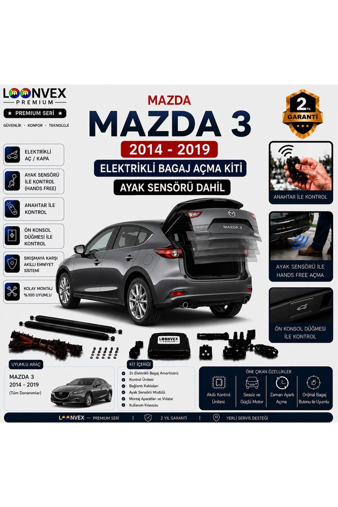 [LVX-EB-00050] Mazda 3 2014-2019 Uyumlu Elektrikli Bagaj Açma Kiti Ayak Sensörlü 2 Yıl Garantili