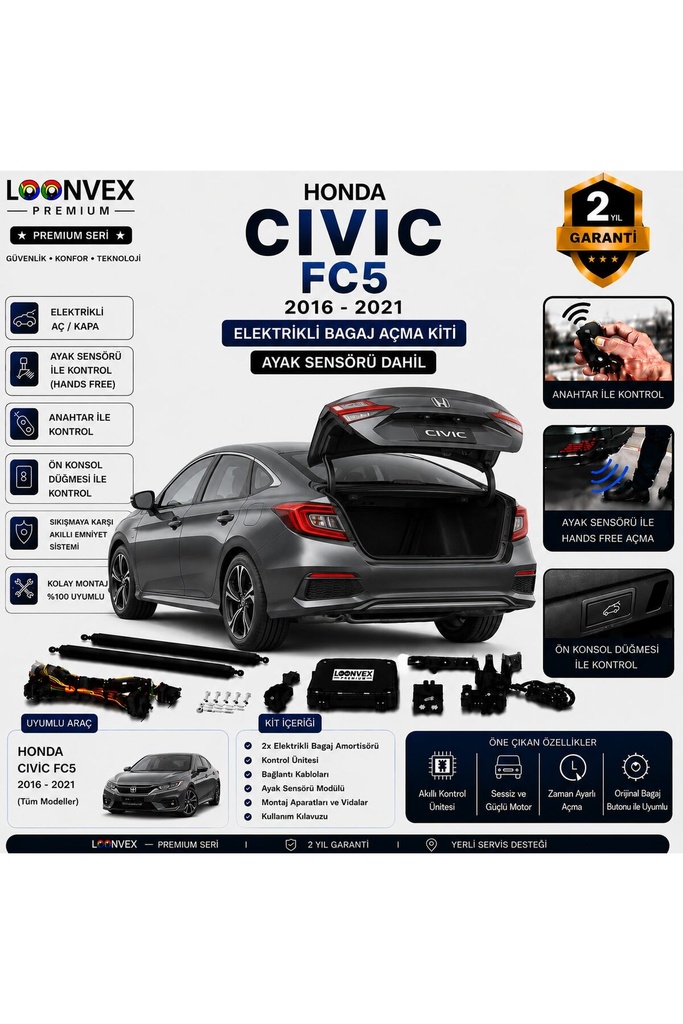 [LVX-EB-00026] Honda Civic FC5 2016-2021 Uyumlu Elektrikli Bagaj Açma Kiti Ayak Sensörlü 2 Yıl Garantili