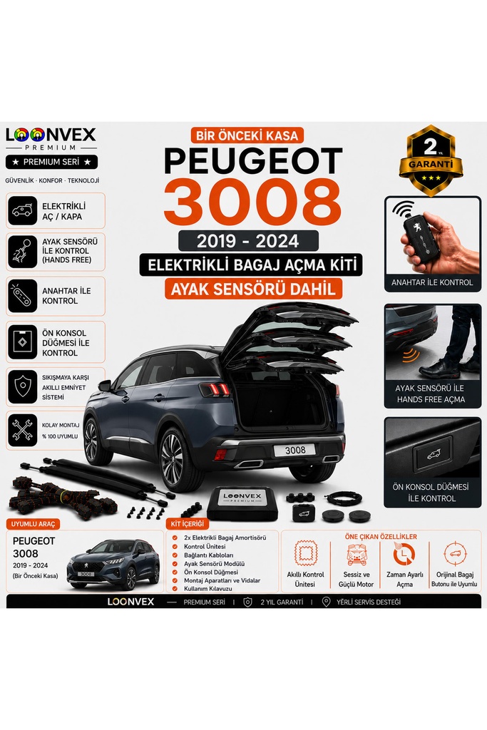 [LVX-EB-00087] Peugeot 3008 2019-2024 Uyumlu Elektrikli Bagaj Açma Kiti Ayak Sensörlü 2 Yıl Garantili