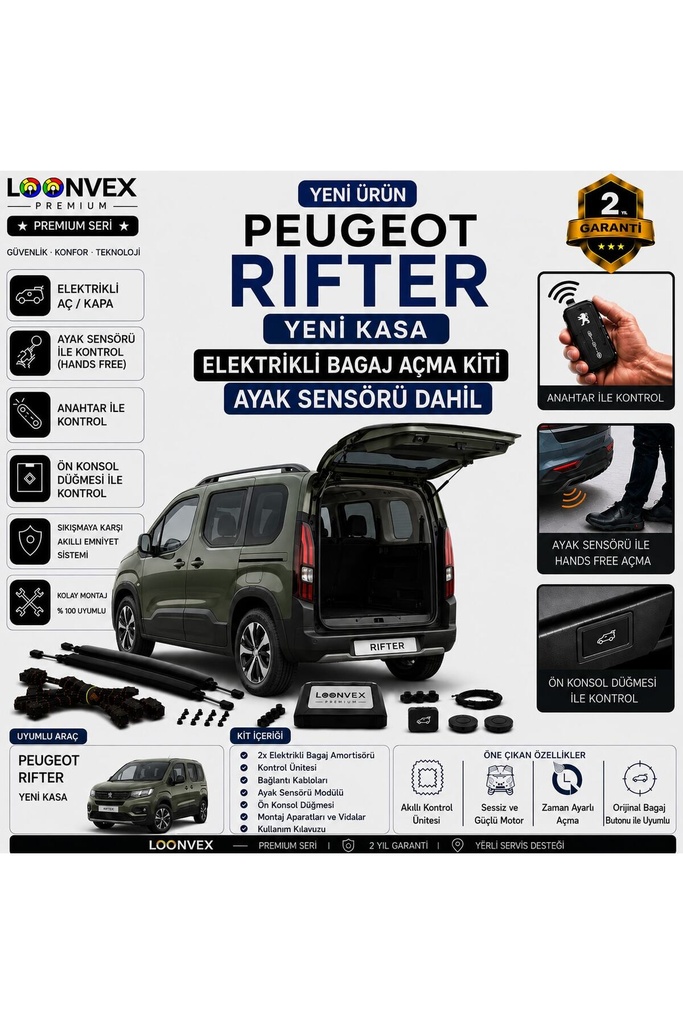 [LVX-EB-00090] Peugeot Rifter Yeni Kasa 2024+ Uyumlu Elektrikli Bagaj Açma Kiti Ayak Sensörlü 2 Yıl Garantili