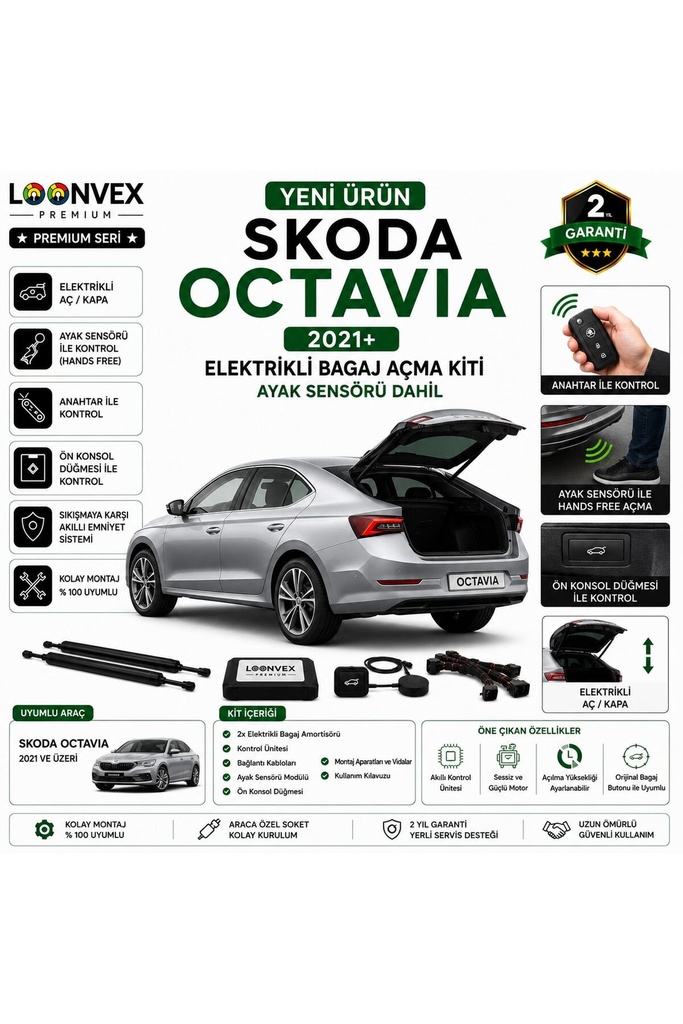 [LVX-EB-00102] Skoda Octavia 2021+ Uyumlu Elektrikli Bagaj Açma Kiti Ayak Sensörlü 2 Yıl Garantili