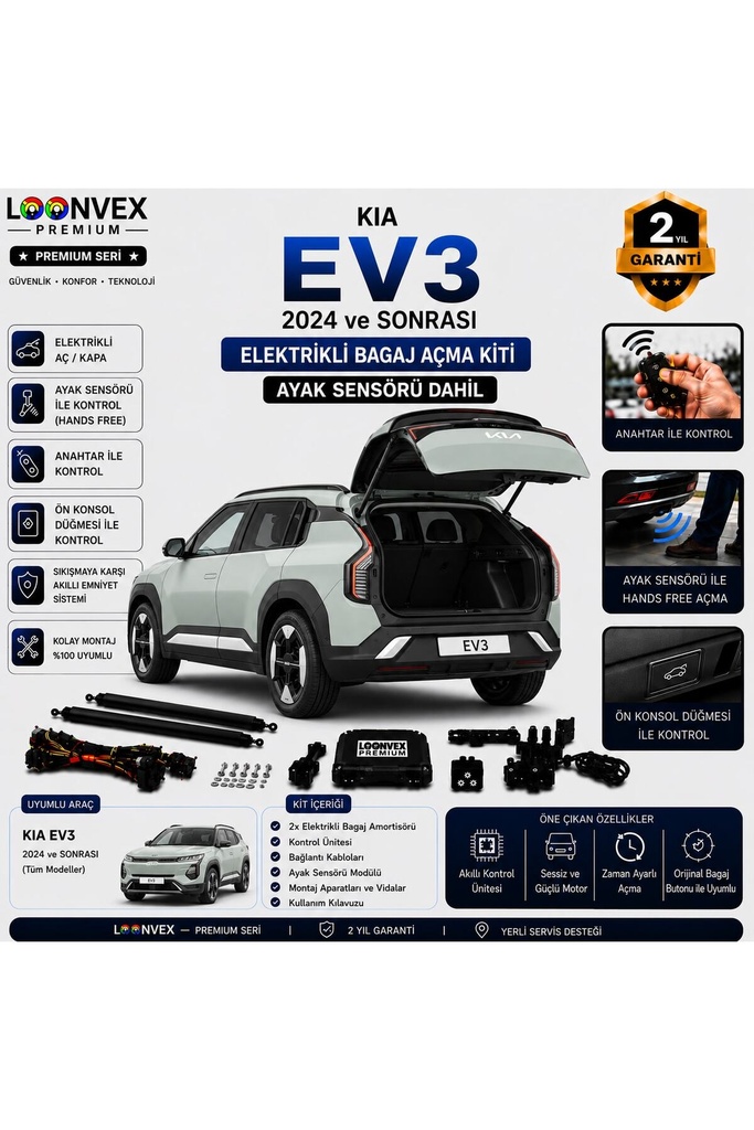 [LVX-EB-00035] Kia EV3 2024 ve Sonrası Uyumlu Elektrikli Bagaj Açma Kiti Ayak Sensörlü 2 Yıl Garantili