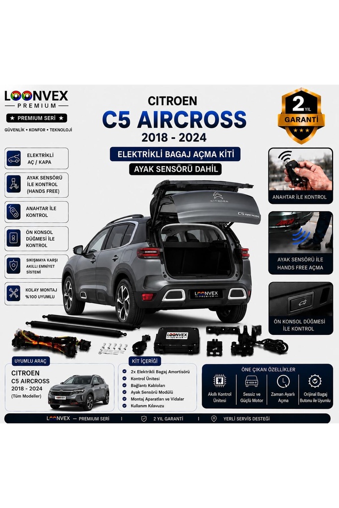 [LVX-EB-00133] Citroen C5 Aircross 2018-2024 Uyumlu Elektrikli Bagaj Açma Kiti Ayak Sensörlü 2 Yıl Garantili