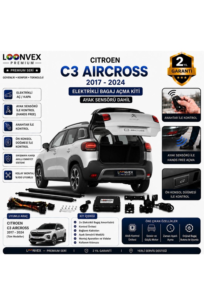 [LVX-EB-00130] Citroen C3 Aircross 2017-2024 Uyumlu Elektrikli Bagaj Açma Kiti Ayak Sensörlü 2 Yıl Garantili