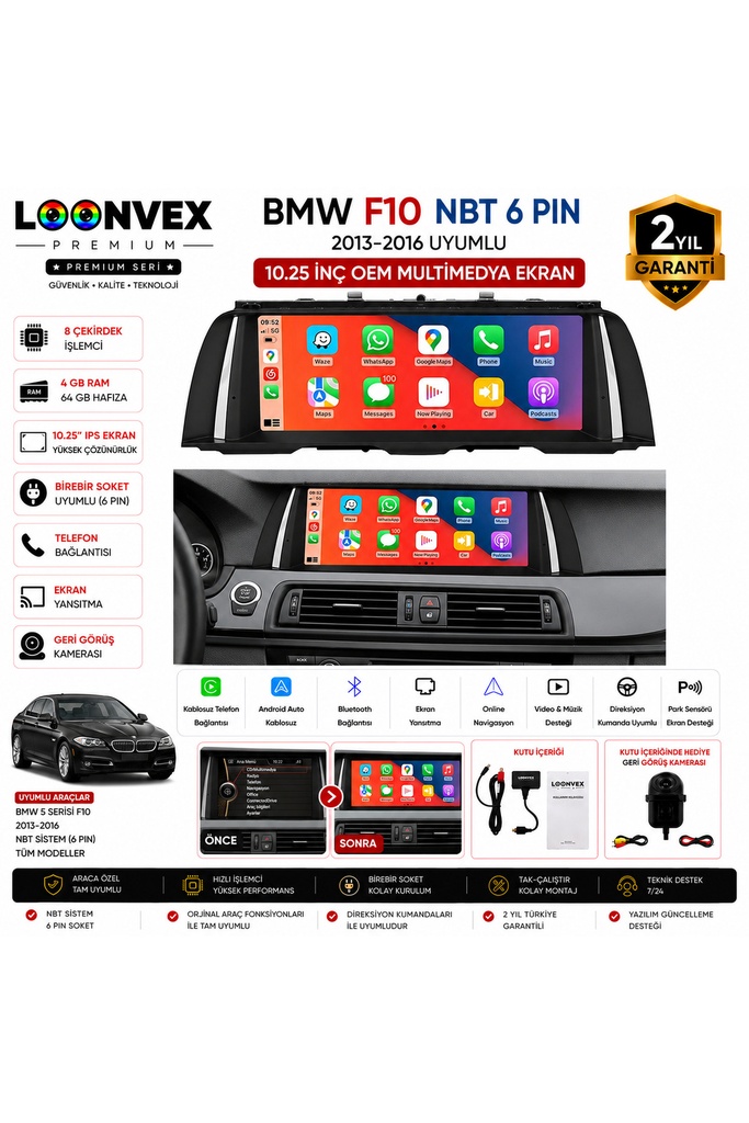 BMW F10 NBT 6 Pin 2013-2016 OEM Multimedya Ekran | 10.25 İnç | 8 Çekirdek | 4GB RAM | 64GB Hafıza