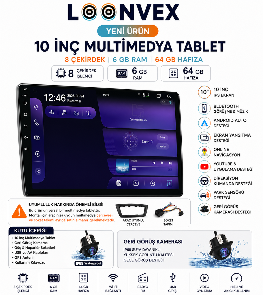 [LX1064] Premium 10 İnç Universal Multimedya Tablet Ekran 8 Çekirdek 6GB RAM 64GB Hafıza Geri Görüş Kameralı