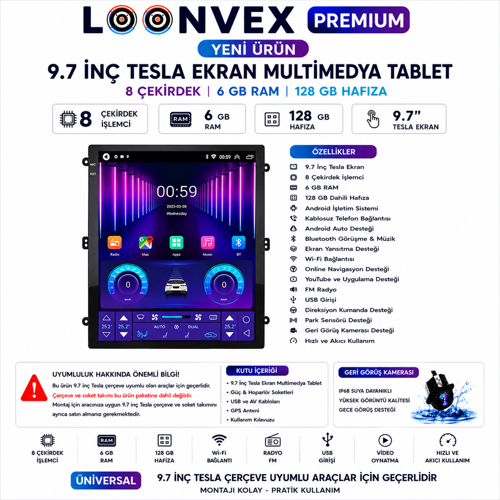 LOONVEX Premium 9.7 İnç Tesla Multimedya Ekran 8 Çekirdek 6GB RAM 128GB Hafıza Kablosuz Telefon Bağlantısı