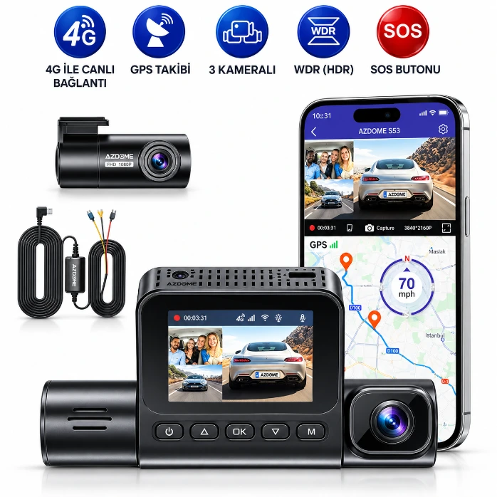 Mİ AZDOME S58 4G SIM Kartlı Ticari Araç Yönetmeliğine Uyumlu 4K 3 Kameralı Araç Kayıt Kamerası – SOS Butonlu – 24 Ay Ücretsiz Hat Hediyeli