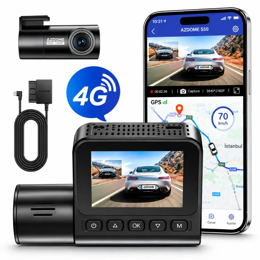 Mİ AZDOME S50 4K 4G SIM Kartlı 2 Kameralı Araç Kayıt Kamerası – Ön & Arka Kayıt – GPS Takip – Canlı İzleme – 24 Ay Ücretsiz Hat Hediyeli