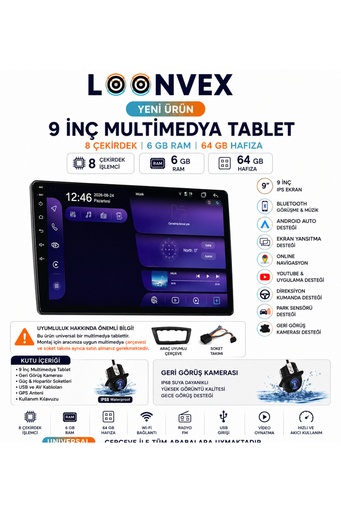 LOONVEX Premium 9 İnç Universal Multimedya Tablet Ekran 8 Çekirdek 6GB RAM 64GB Hafıza Geri Görüş Kameralı